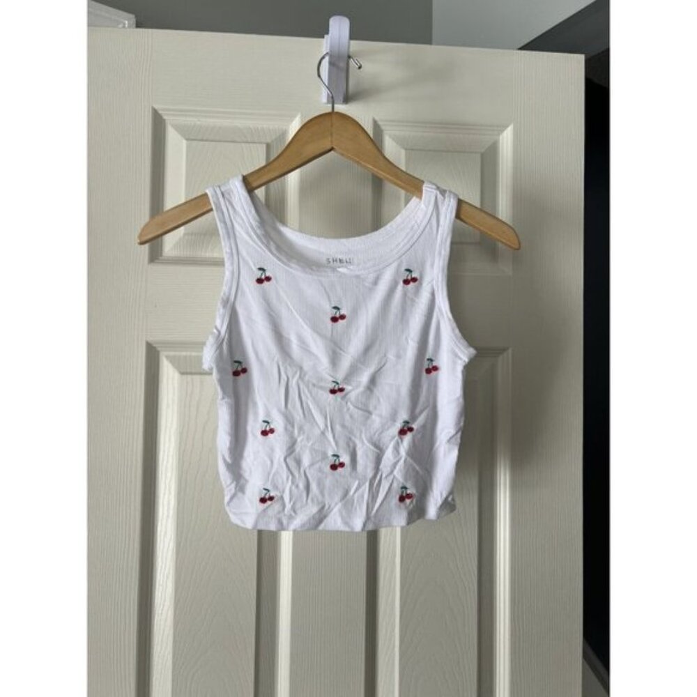 Shein Cherry Embroidered Ribbed Tank Top M White Y2K Coquette Summer